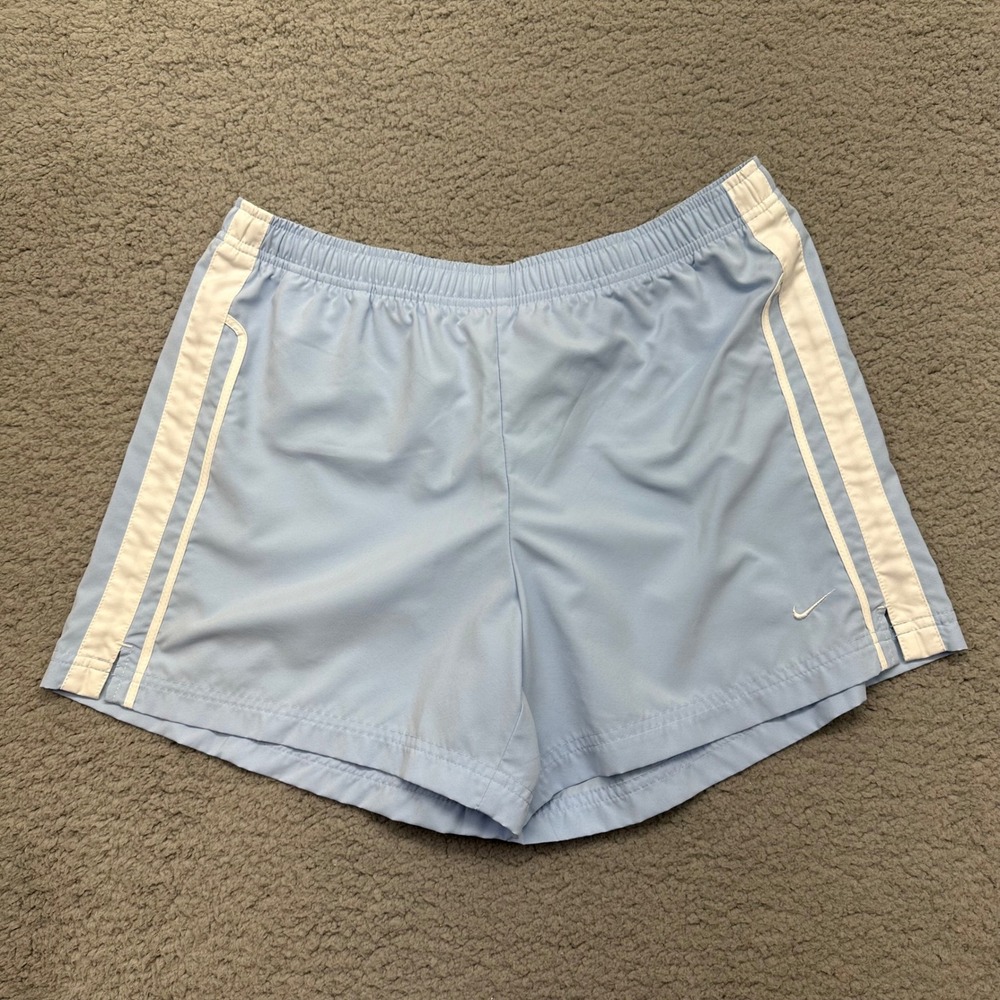 Nike U6SID 138299 Girls Medium Light Blue Vintage Track Shorts White Stripes